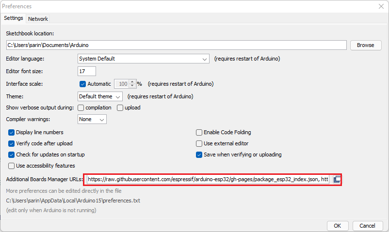 Installing ESP32 Add-on in Arduino IDE Windows, Mac OS X, Linux enter URLs